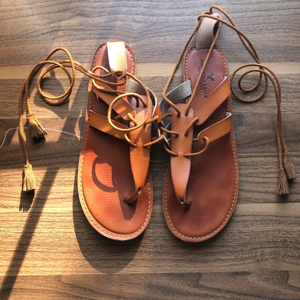 NWOT | AE | Brown Leather Lace Up Sandals - Picture 1 of 5